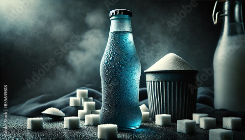 A frosty blue bottle of sweet carbonated juice on a dark, moody background. Next to her is an overflowing cup with sugar cubes. Image highlighting hidden sugar in sweet drinks. photo