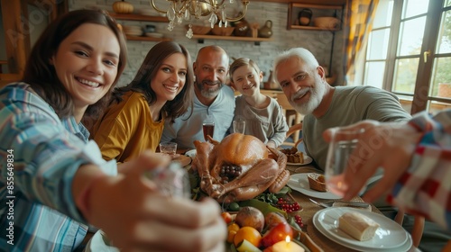 Photo of big family sit feast dishes table around roasted turkey multi-generation relatives making group selfies