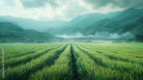 Lush green fields stretch towards misty mountains, capturing the serenity and beauty of nature in a tranquil pastoral landscape.