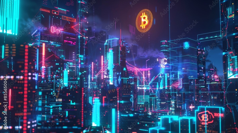 Futuristic city skyline with digital currency graphics and bitcoin symbol in illuminated night view Futuristic city skyline with digital currency graphics and bitcoin symbol in illuminated night view