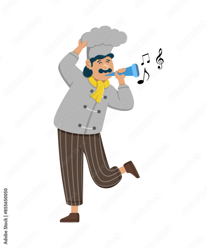 Fototapeta premium Happy funny chef mascot design. Cute chef cooks in uniform preparing food.