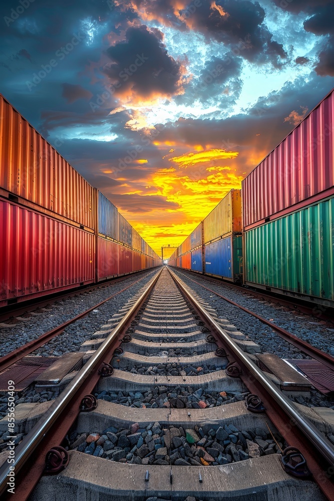 Fototapeta premium Vibrant Shipping Containers Lining Railroad Tracks at Sunset with Dramatic Sky