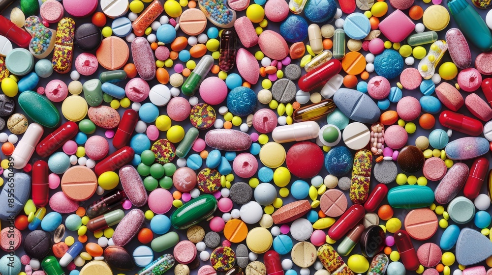 Fototapeta premium Multi-colored medical tablets and capsules for maintaining and improving health. Healthcare and medicine concept