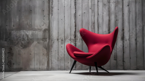 A modern red chair stands out against a stark concrete wall, embodying a blend of minimalist design and vibrant contemporary aesthetics. photo