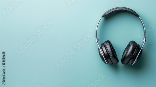 Headphones on mint background with copy space representing music and relaxation