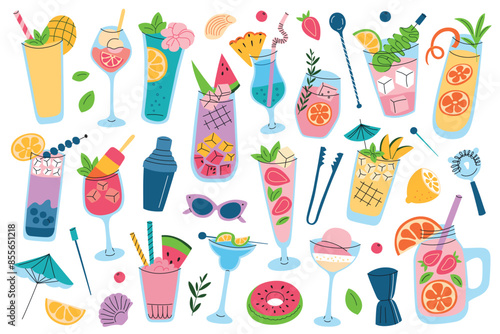 Summer drinks and cocktails set, cold alcohol beverages with ice, bar menu collection, mocktails and lemonades doodles set, vector illustrations of sorbet drink, watermelon soda, trendy mocktails
