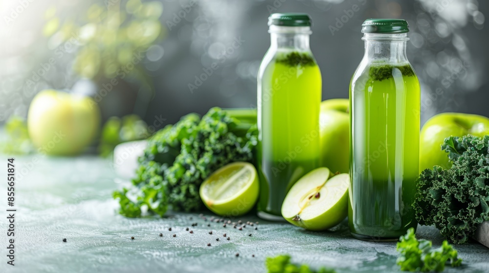 Two bottles of fresh green juice surrounded by green apples and leafy vegetables. Healthy lifestyle and detox concept. Two bottles of fresh green juice surrounded by green apples and leafy vegetables. Healthy lifestyle and detox concept.
