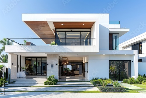 white Contemporary architectural home façade with welcoming open gate © Zoraiz