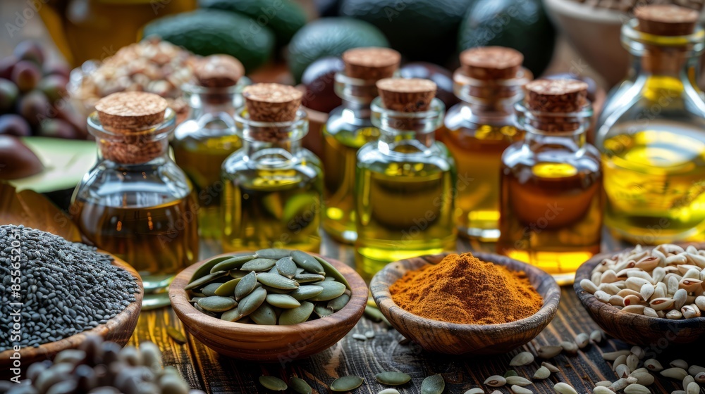 Various essential oils in glass bottles along with spices, seeds, and nuts on a rustic wooden table. Various essential oils in glass bottles along with spices, seeds, and nuts on a rustic wooden table.