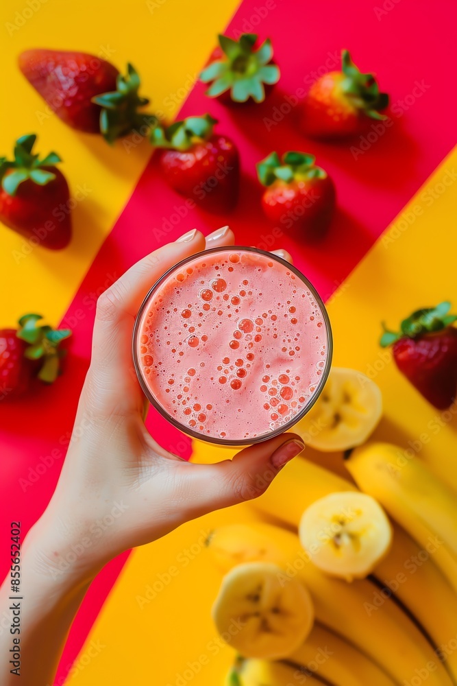A vibrant image featuring a hand holding a freshly blended strawberry banana smoothie, surrounded by strawberries and bananas on a colorful background. A vibrant image featuring a hand holding a freshly blended strawberry banana smoothie, surrounded by strawberries and bananas on a colorful background.