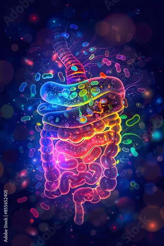 Colorful illustration of the human digestive system highlighting gut flora and microbiome on a vibrant abstract background.