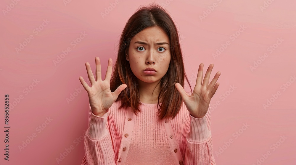 Portrait of intense displeased and worried cute asian female in matching clothes, holding palms near chest in no or stop gesture Portrait of intense displeased and worried cute asian female in matching clothes, holding palms near chest in no or stop gesture