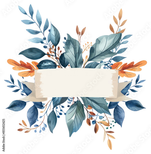 PNG  Ribbon blue winter leafs pattern plant art.