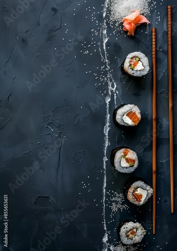 Sushi composition on black background. The Art of Japanese Cuisine. Food photography for menu and sushi bar decoration