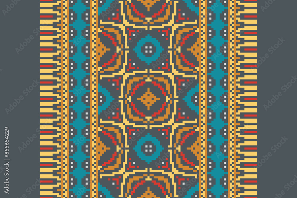Beautiful traditional ethnic motifs ikat geometric fabric pattern cross stitch.Ikat embroidery Ethnic oriental Pixel.Abstract,vector,illustration. Texture,scarf,decoration,wallpaper,curtain,sarong.