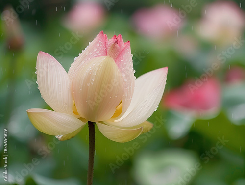 Majestic Lotus in the Monsoon with a Pink Blossom in a Tropical Aquatic Garden