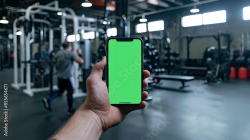 Hand holding a green-screened phone in front of a powerlifting gym, screen facing the camera.