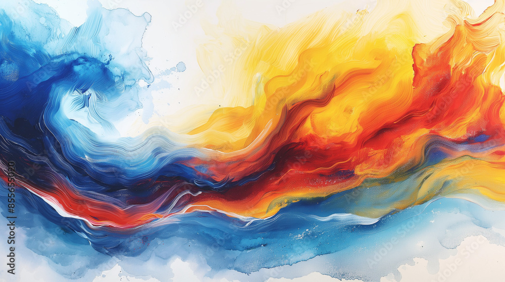 A painting of a wave with blue, yellow and red colors A painting of a wave with blue, yellow and red colors