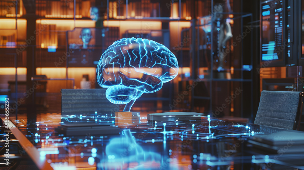 Multi exposure of woman hands working on computer and human brain ...
