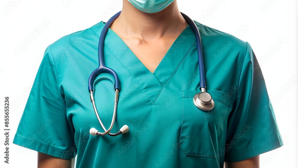 Confident Female Doctor In Scrubs And Stethoscope Around Neck Confident Female Doctor In Scrubs And Stethoscope Around Neck