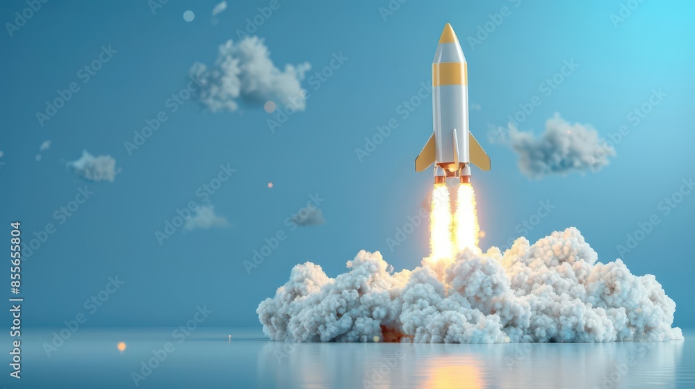 Naklejka premium cartoon style rocket launch with a dynamic blast off effect