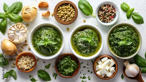 preparing sauce pesto on white background, ingredients lying around, flat lay.