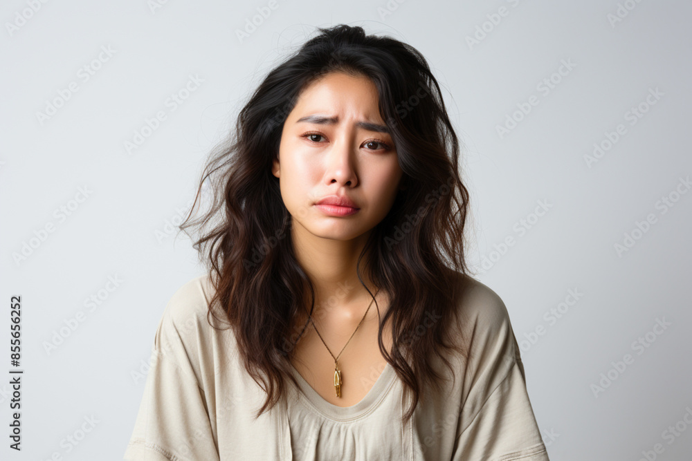 Anxious Asian Korean young woman kid wearing hoodie on red studio isolated background. Japanese Chinese nervous, bad news, disapproving expression on face. Social issues hunger and suffer concept Anxious Asian Korean young woman kid wearing hoodie on red studio isolated background. Japanese Chinese nervous, bad news, disapproving expression on face. Social issues hunger and suffer concept