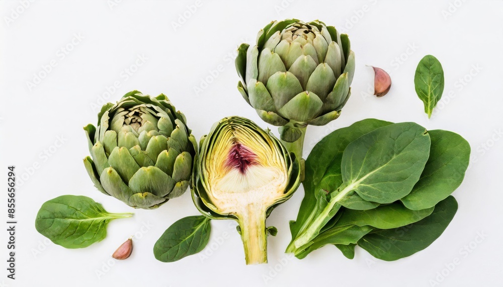 Obraz premium Artichokes and spinach isolated on white background
