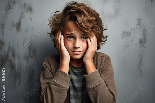 Young school boy with a worried expression and hands on her face having a terrible headache pain in head against a gray background. Health and tratment concept photo