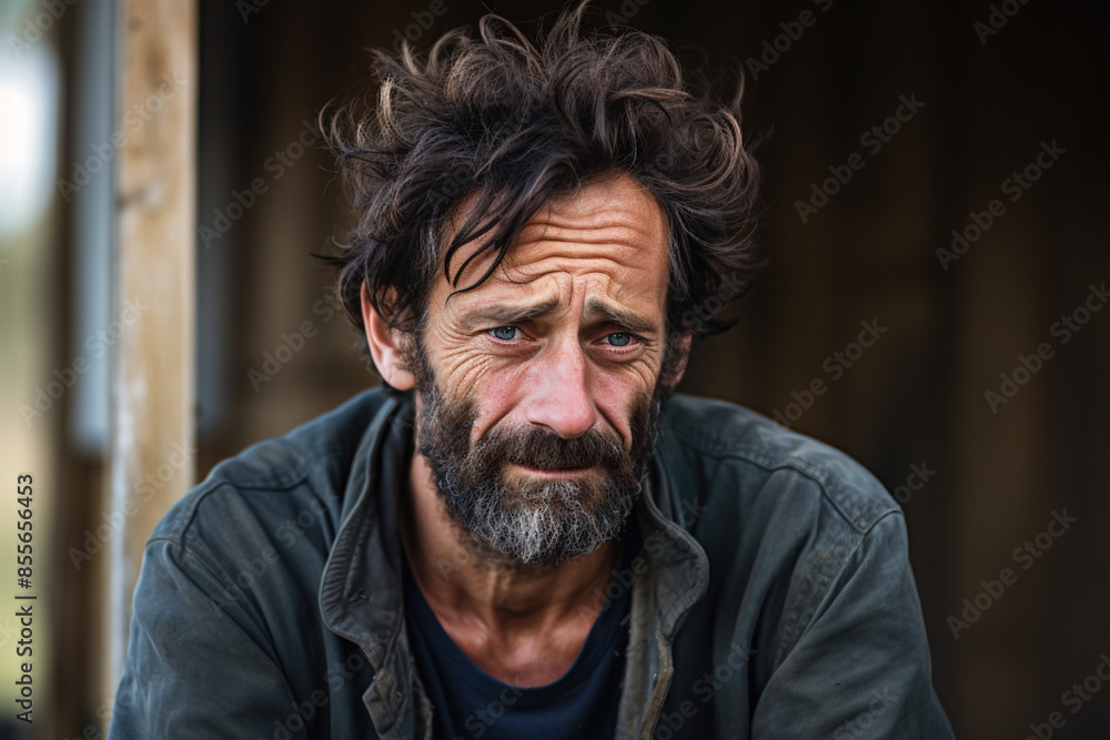 Upset homeless man looking up on dark studio background, representing emotions, homelessness, and innocence in a simple, expressive setting Upset homeless man looking up on dark studio background, representing emotions, homelessness, and innocence in a simple, expressive setting