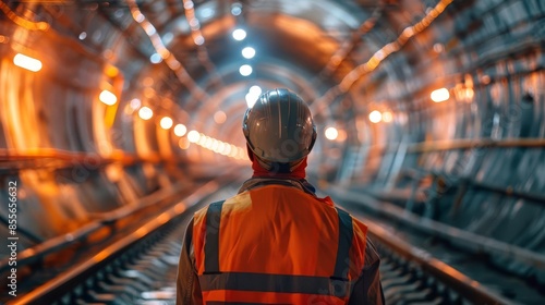 A railway engineer wearing a helmet and safety vest, looking at the tunnel construction site from behind his back, photo taken in the style of Provia
