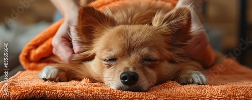 A salmon colored spitz dog lying on a massage table and getting its back massaged by a therapist with an orange towel