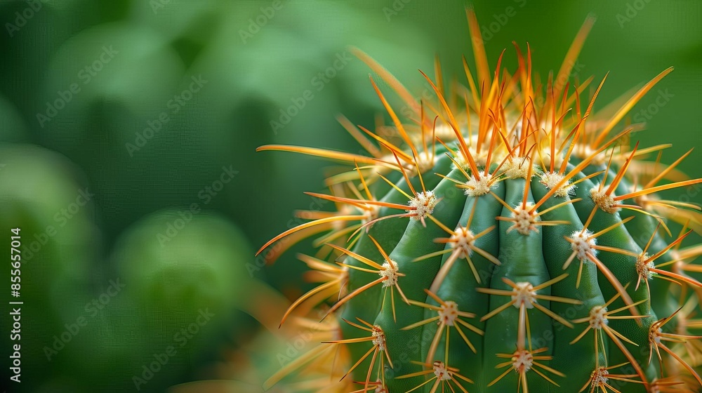 Closeup of the spines and thorns on an golden ball cactus, with green background macro photography, close up Closeup of the spines and thorns on an golden ball cactus, with green background macro photography, close up