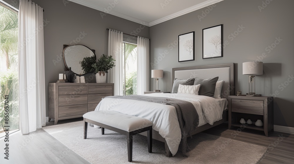 Fototapeta premium A modern bedroom with white walls, a white bed with grey throw blanket and pillows, a large grey dresser, and a white bench at the foot of the bed. Generative AI