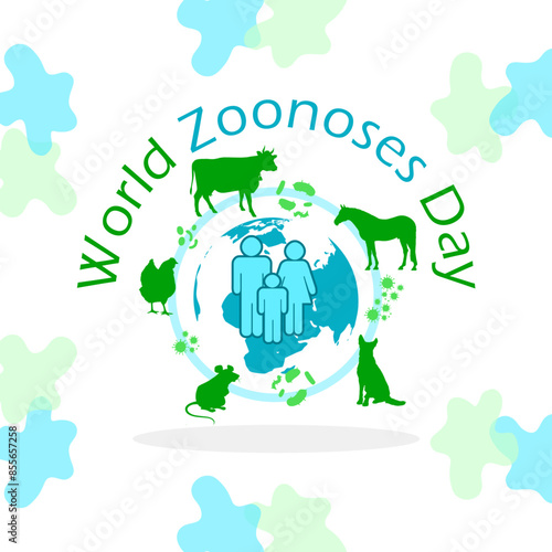 World Zoonoses Day event banner.  Illustrations of animals, viruses, humans and the earth on white background to commemorate on July 6th