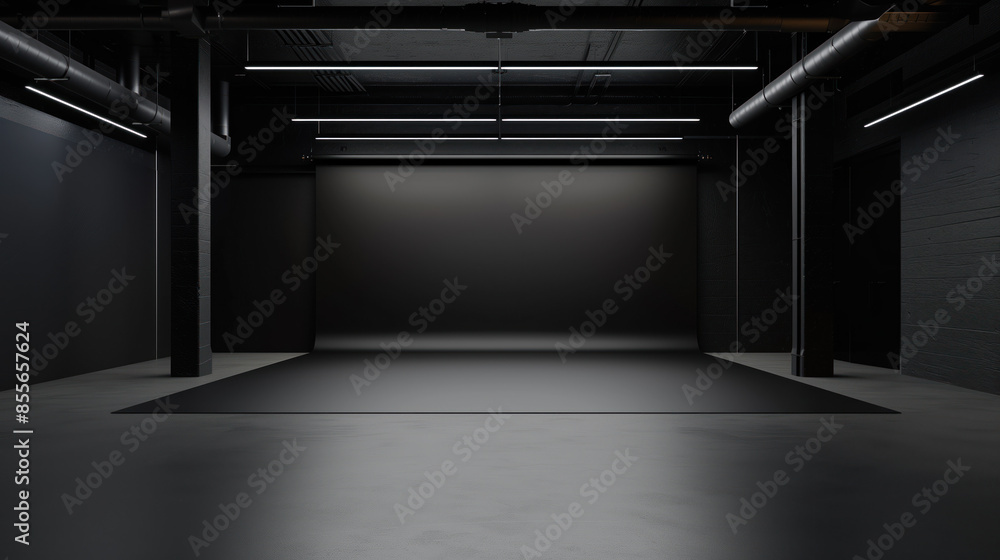 Empty modern minimalist photo production studio with black background. Background image. Created with Generative AI technology.