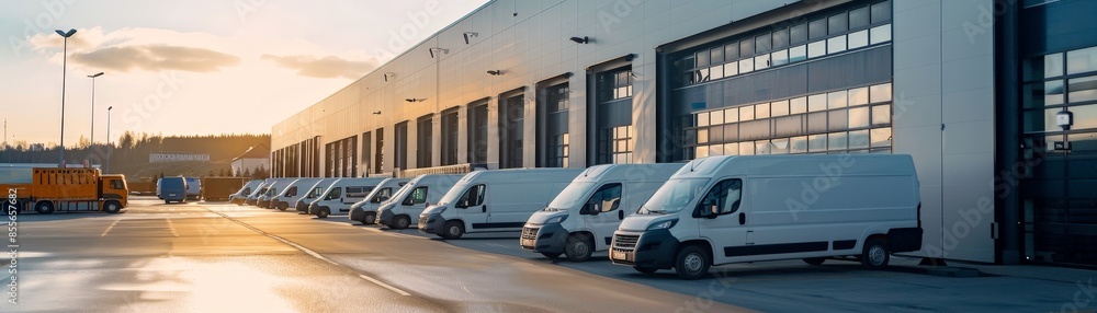 Naklejka premium Fleet of White Delivery Vans Parked Outside a Modern Warehouse at Sunset
