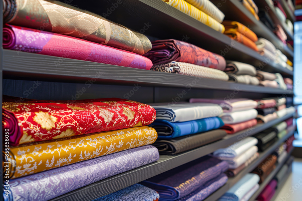 Colorful fabric rolls stacked on shelves in a textile store, various patterns and colors Colorful fabric rolls stacked on shelves in a textile store, various patterns and colors