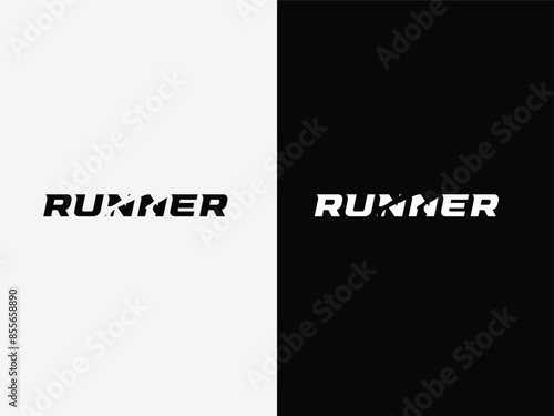Runner word mark logo design with black and white color. Run letter logo. Font. Runner typography design. Lettering. Modern. Fitness. Gym.