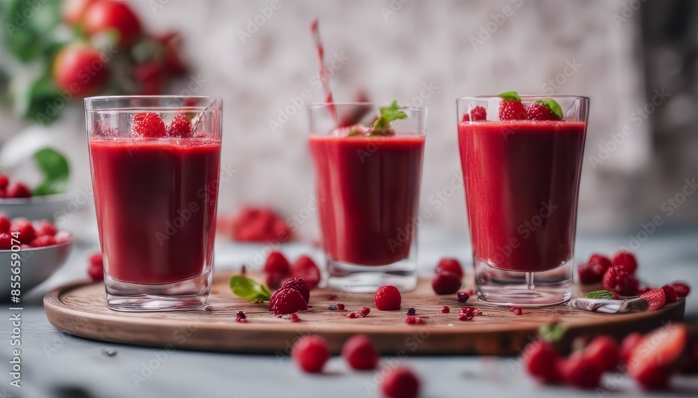 view of elegant Healthy appetizing red smoothie dessert in glasses view of elegant Healthy appetizing red smoothie dessert in glasses
