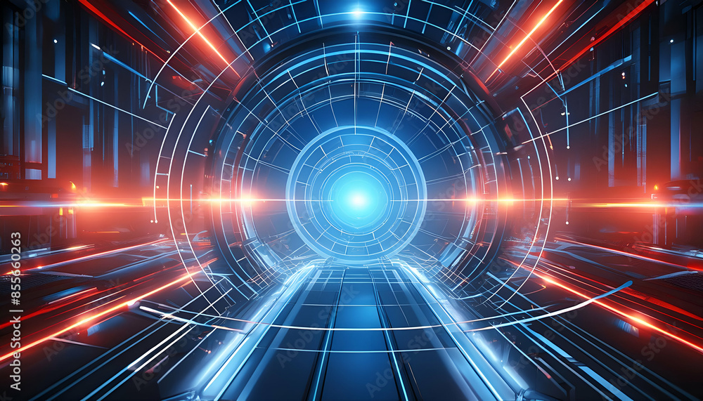 Fototapeta premium a futuristic abstract scene with a central focus on blue and red lights, surrounded by a web of glowing lines that create a high-tech atmosphere