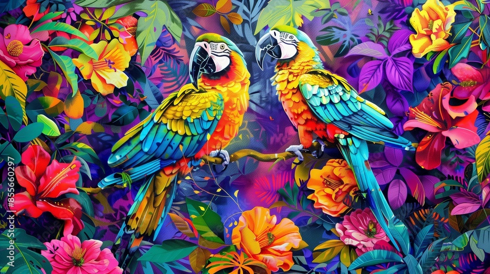 Fototapeta premium In the heart of a lush jungle, an exotic illustration of tropical birds and foliage bursts with vibrant colors.