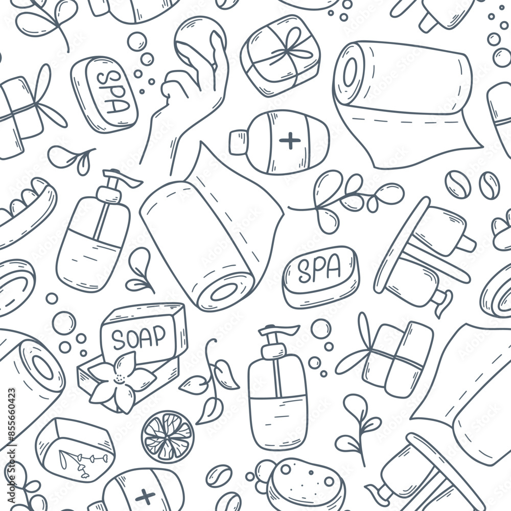 Hand drawn seamless pattern with hygiene items. Background in doodle ...