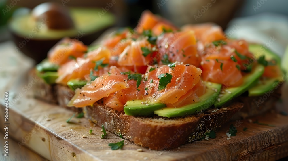 Gourmet Smoked Salmon and Avocado Toast with Shallow Depth of Field Gourmet Smoked Salmon and Avocado Toast with Shallow Depth of Field