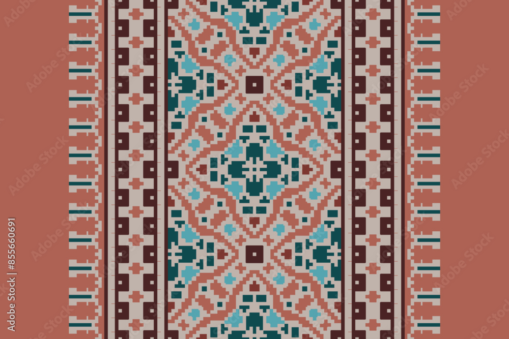 Ethnic pixel geometric seamless pattern with paisley on beige background. Native oriental cross stitch knitting design for fabric, decoration, wallpaper, border decor, element, texture, textile, print Ethnic pixel geometric seamless pattern with paisley on beige background. Native oriental cross stitch knitting design for fabric, decoration, wallpaper, border decor, element, texture, textile, print
