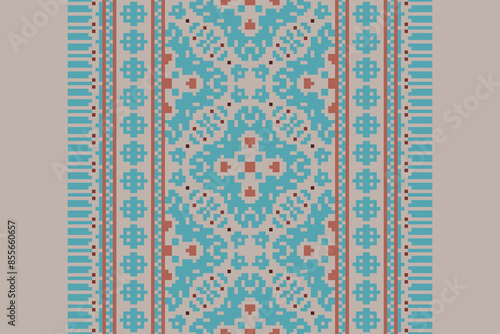 Ethnic pixel geometric seamless pattern with paisley on beige background. Native oriental cross stitch knitting design for fabric, decoration, wallpaper, border decor, element, texture, textile, print