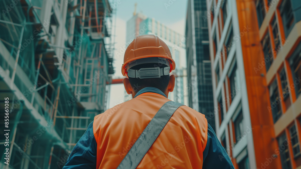 At the construction site, a construction engineer wearing a helmet and a reflective vest supervises construction works. With his experience and commitment, the project takes real shape. At the construction site, a construction engineer wearing a helmet and a reflective vest supervises construction works. With his experience and commitment, the project takes real shape.