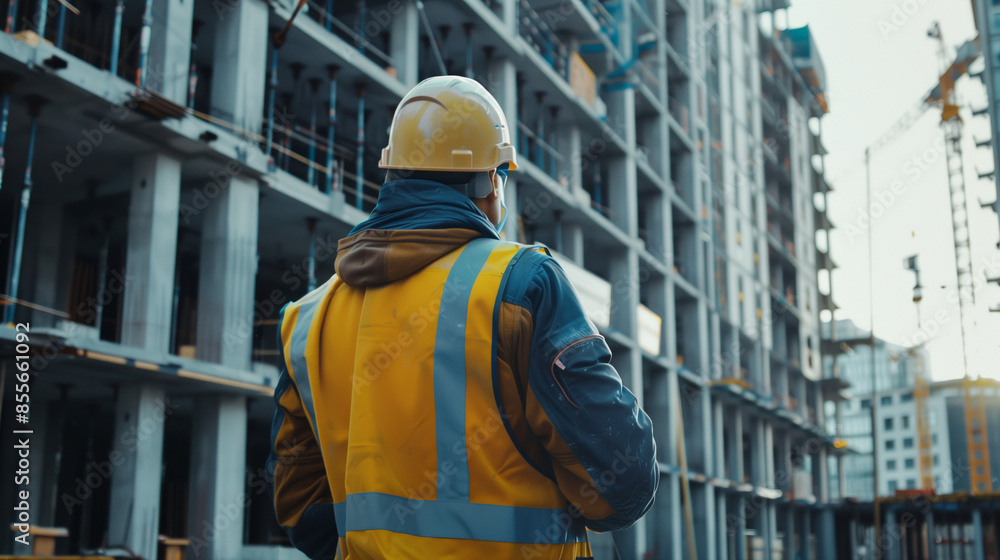 At the construction site, a construction engineer wearing a helmet and a reflective vest supervises construction works. With his experience and commitment, the project takes real shape. At the construction site, a construction engineer wearing a helmet and a reflective vest supervises construction works. With his experience and commitment, the project takes real shape.