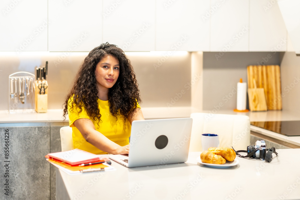 Beauty brunette content creator working from home in the morning Beauty brunette content creator working from home in the morning