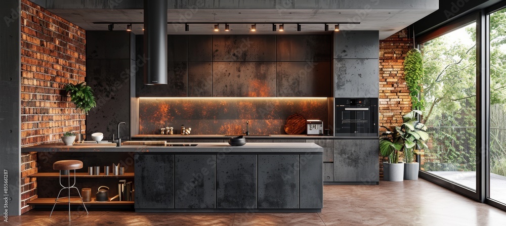 Modern and Contemporary Kitchen with Brick Wall and Plants